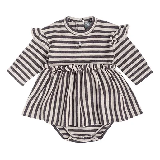 Tocoto Vintage Ecru Striped Organic Cotton Baby Grow Dress