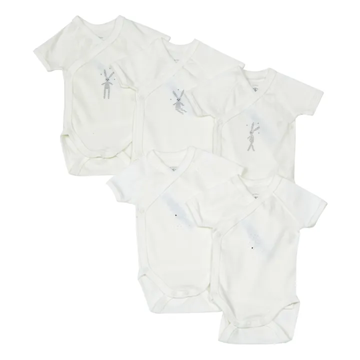 Set of 5 Organic Cotton Plain Crossover Babygrows | White- Product image n°0