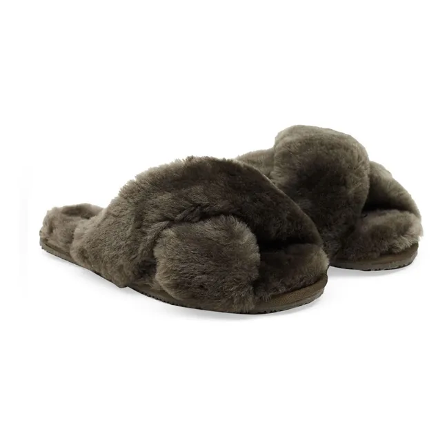 Chaussons Fourrés Brides Croisées | Vert kaki