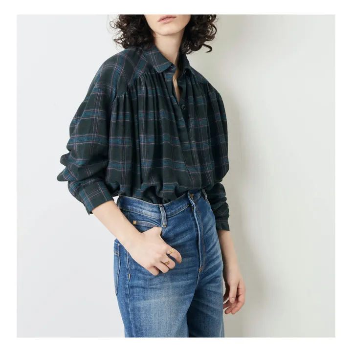 Camicia, modello: Licati, con scacchiera, in lana | Verde scuro- Immagine del prodotto n°1
