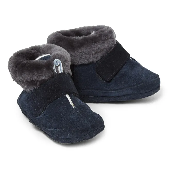 Fur-Lined Velcro Booties | Navy blue- Product image n°1