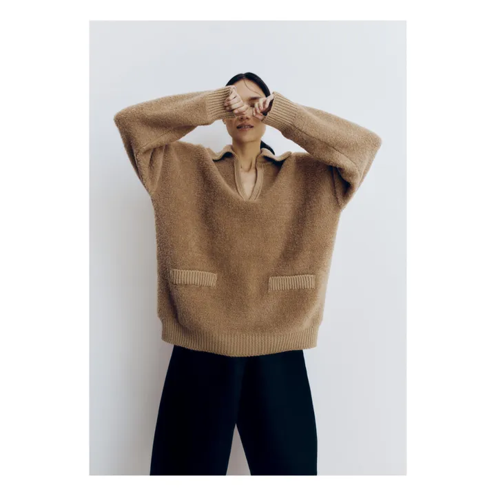 Jersey de lana cuello de polo Shearling | Camel- Imagen del producto n°1