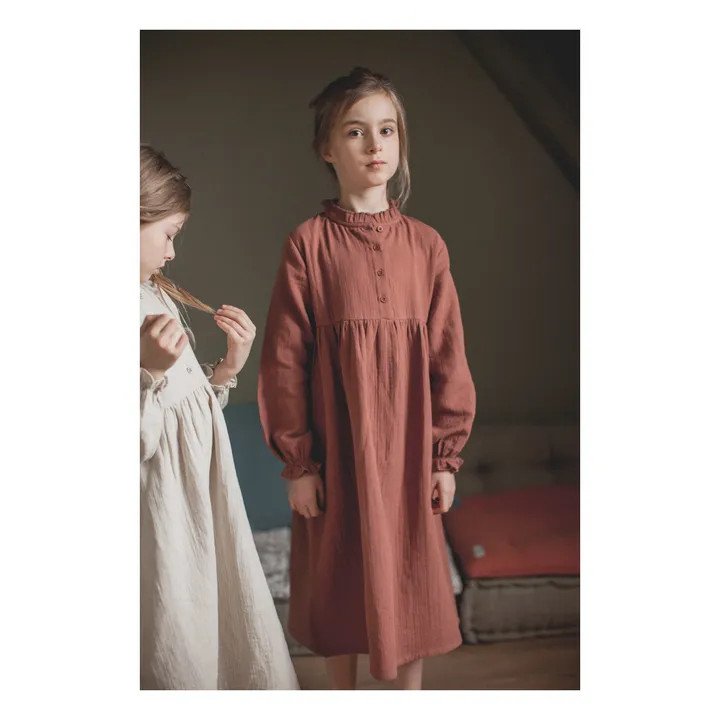 Camicia da notte, in garza di cotone, modello: Clochette | Rosso mattone- Immagine del prodotto n°6