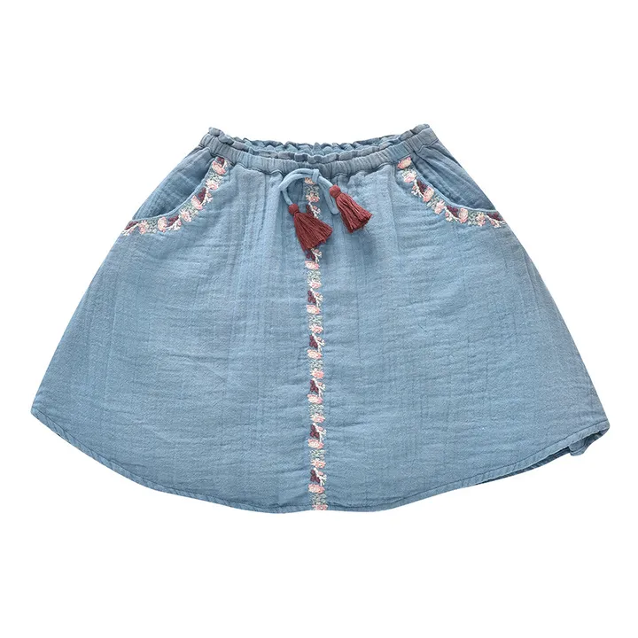 Falda bordada de gasa de algodón Eulalie | Azul- Imagen del producto n°0