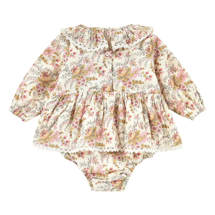 Ghilena Organic Cotton Muslin Floral Babygrow Dress | Ecru- Product image n°6