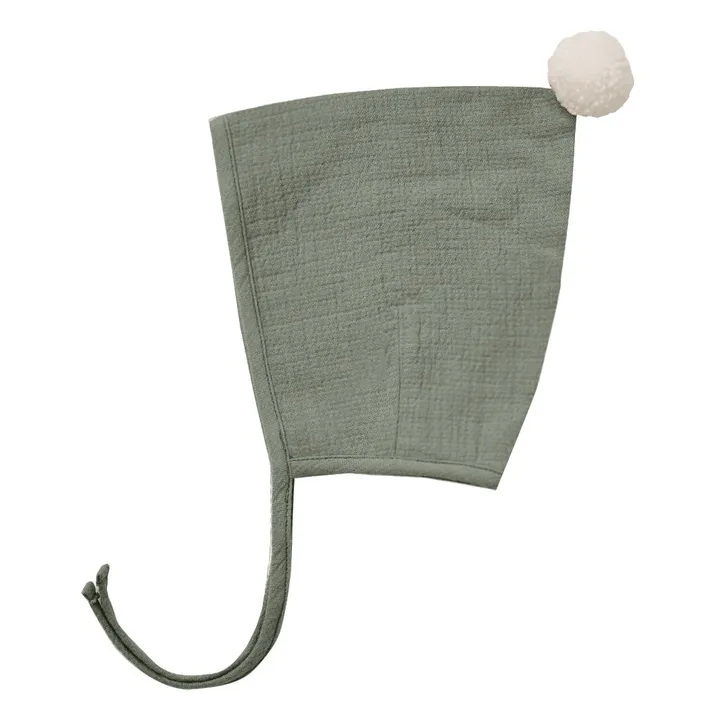 Organic Cotton Muslin Pompom Bonnet | Khaki- Product image n°0