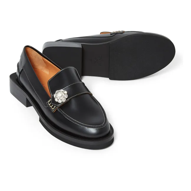 Diamanté Leather Loafers | Black