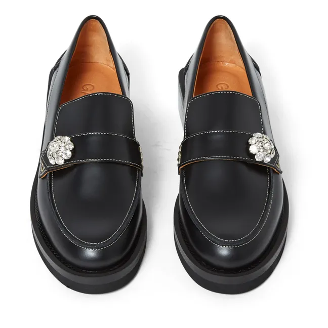 Diamanté Leather Loafers | Black