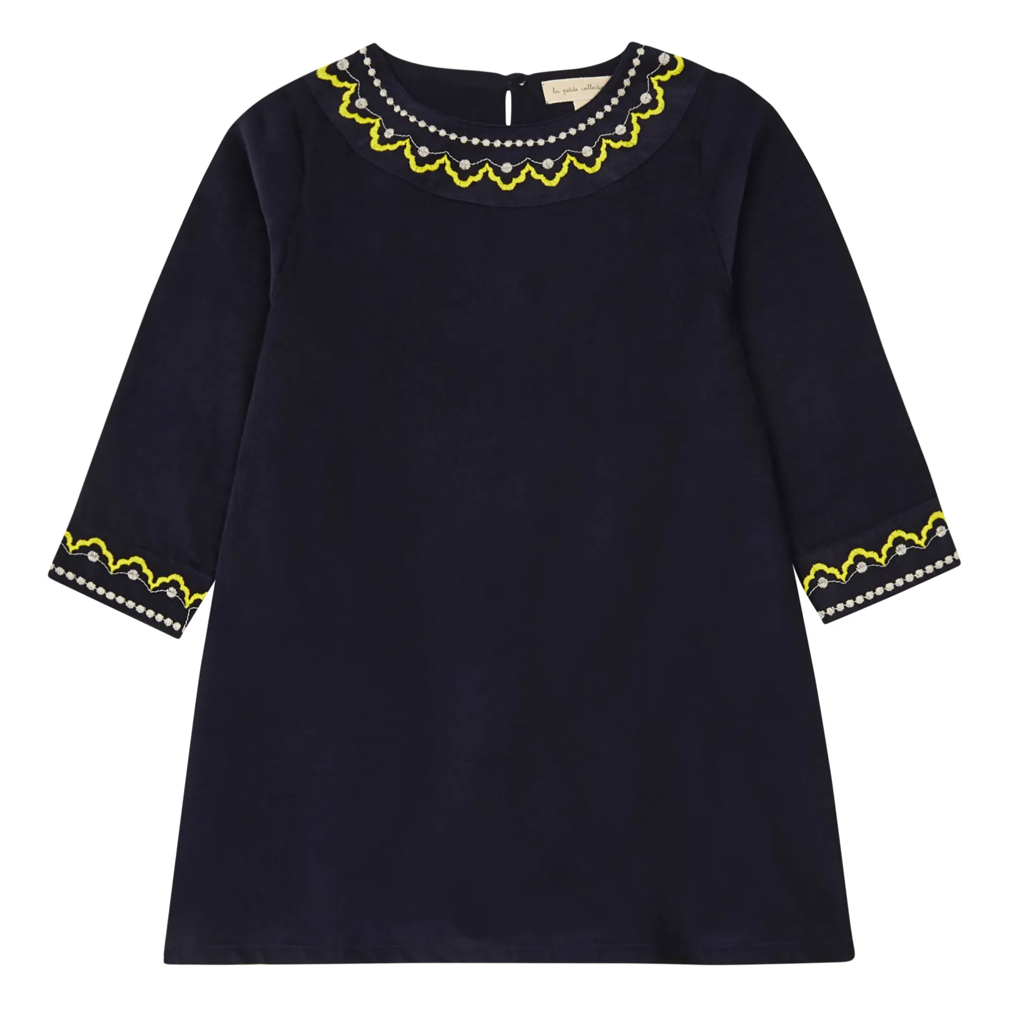 La Petite Collection Navy Blue Embroidered Organic Cotton Velvet Dress
