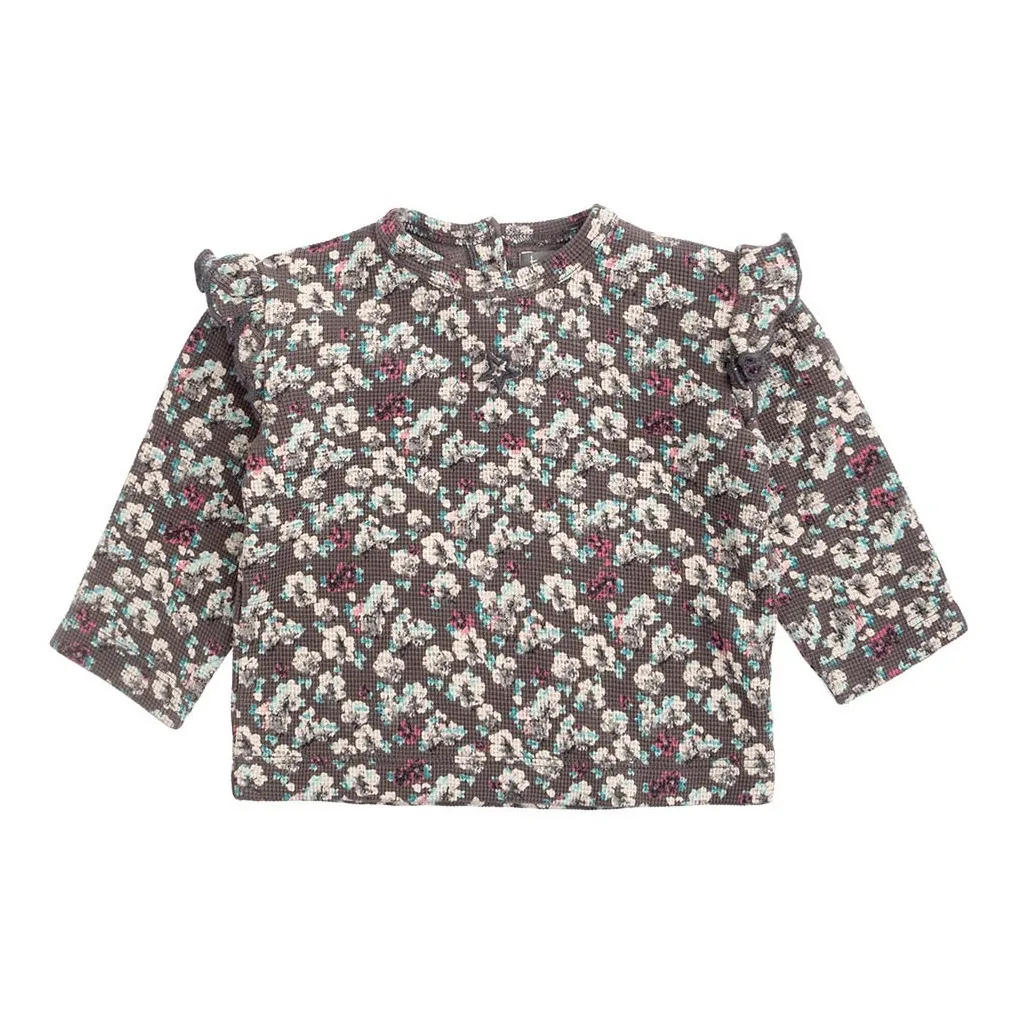 Tocoto Vintage Dark Grey Floral Cotton Ruffled T-Shirt