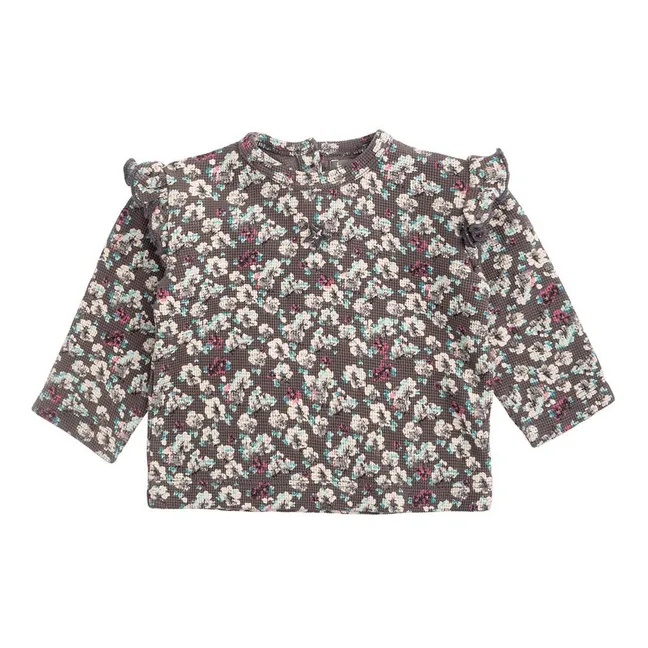 Floral Cotton Ruffled T-shirt | Dark grey