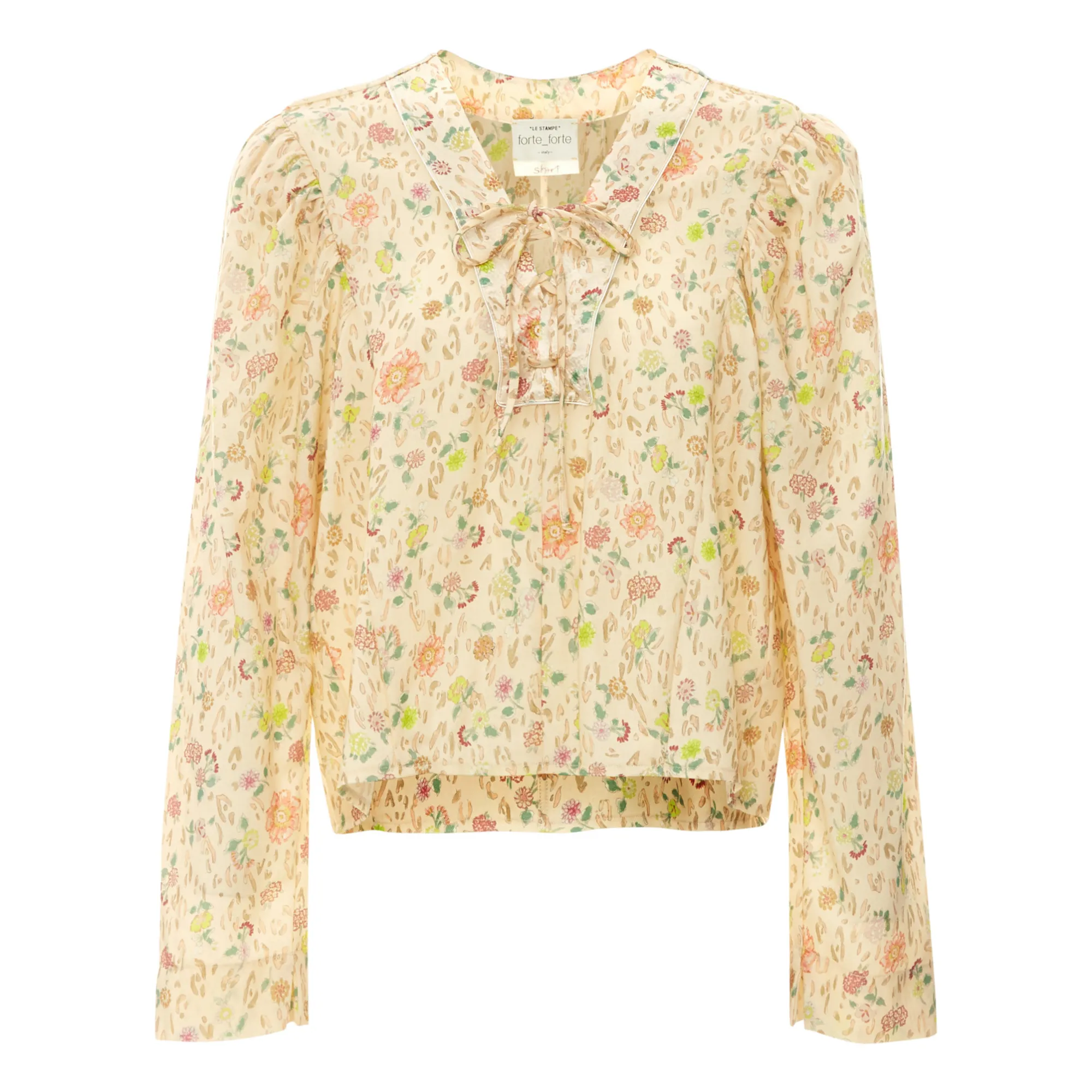 Forte Forte Beige Pink “A Flower In The Snow” Print Lace-Up Silk Blouse