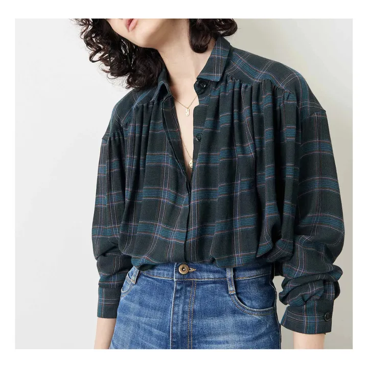 Camicia, modello: Licati, con scacchiera, in lana | Verde scuro- Immagine del prodotto n°2
