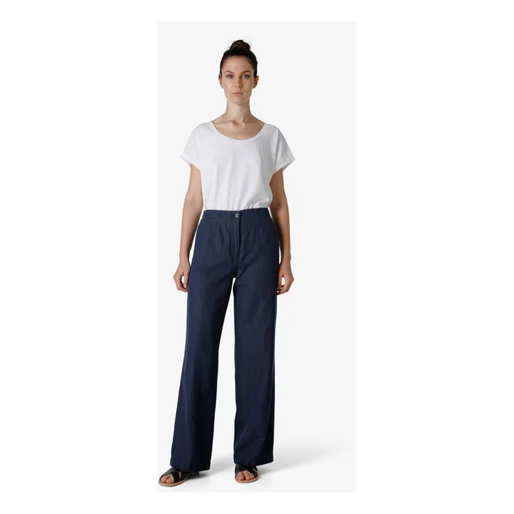 Pantaloni dritti, in lino e cotone | Blu  indaco- Immagine del prodotto n°1