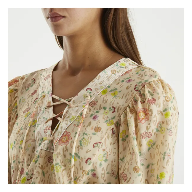 Blusa di seta con lacci con stampa “A Flower In The Snow” | Beige rosato
