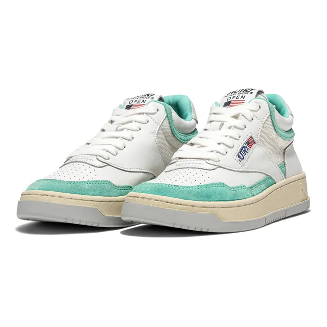 Open Mid-Top Goat Leather/Mesh/Suede Sneakers | Green water
