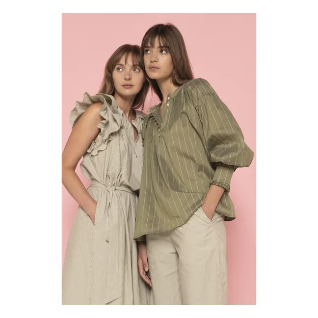 Blouse Boston Rayures Coton et Soie | Vert kaki