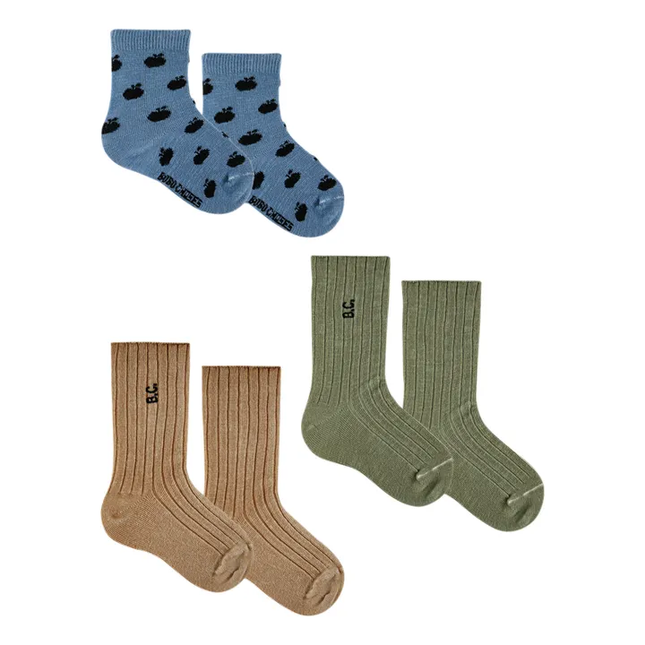 Set di 3 paia di calzini per bambini in cotone biologico - Collezione Iconic - Nappa | Blu- Immagine del prodotto n°0