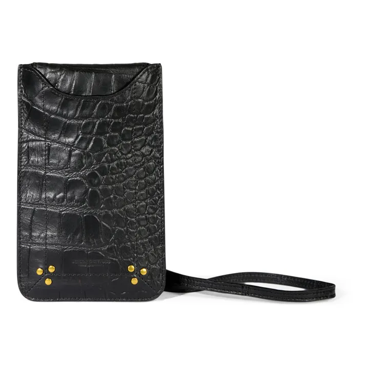 Crocodile Print Calfskin Leather Phone Pouch | Black- Product image n°0