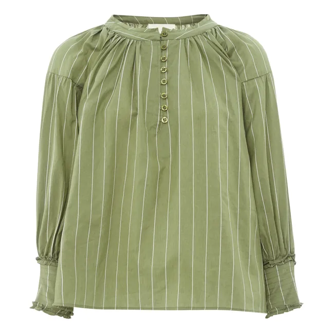 Blouse Boston Rayures Coton et Soie | Vert kaki