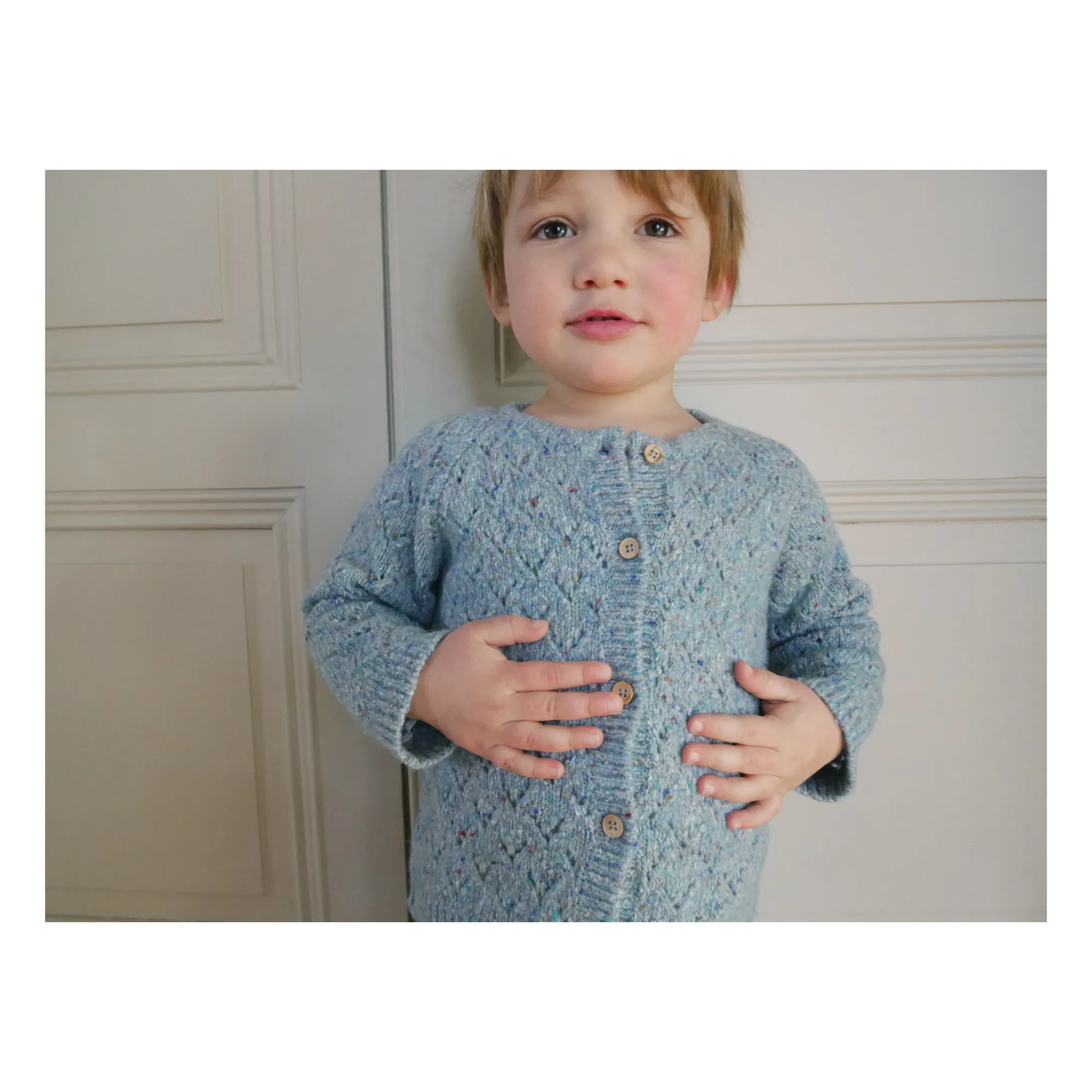 La Petite Collection Mottled Blue Losange Recycled Wool Cardigan
