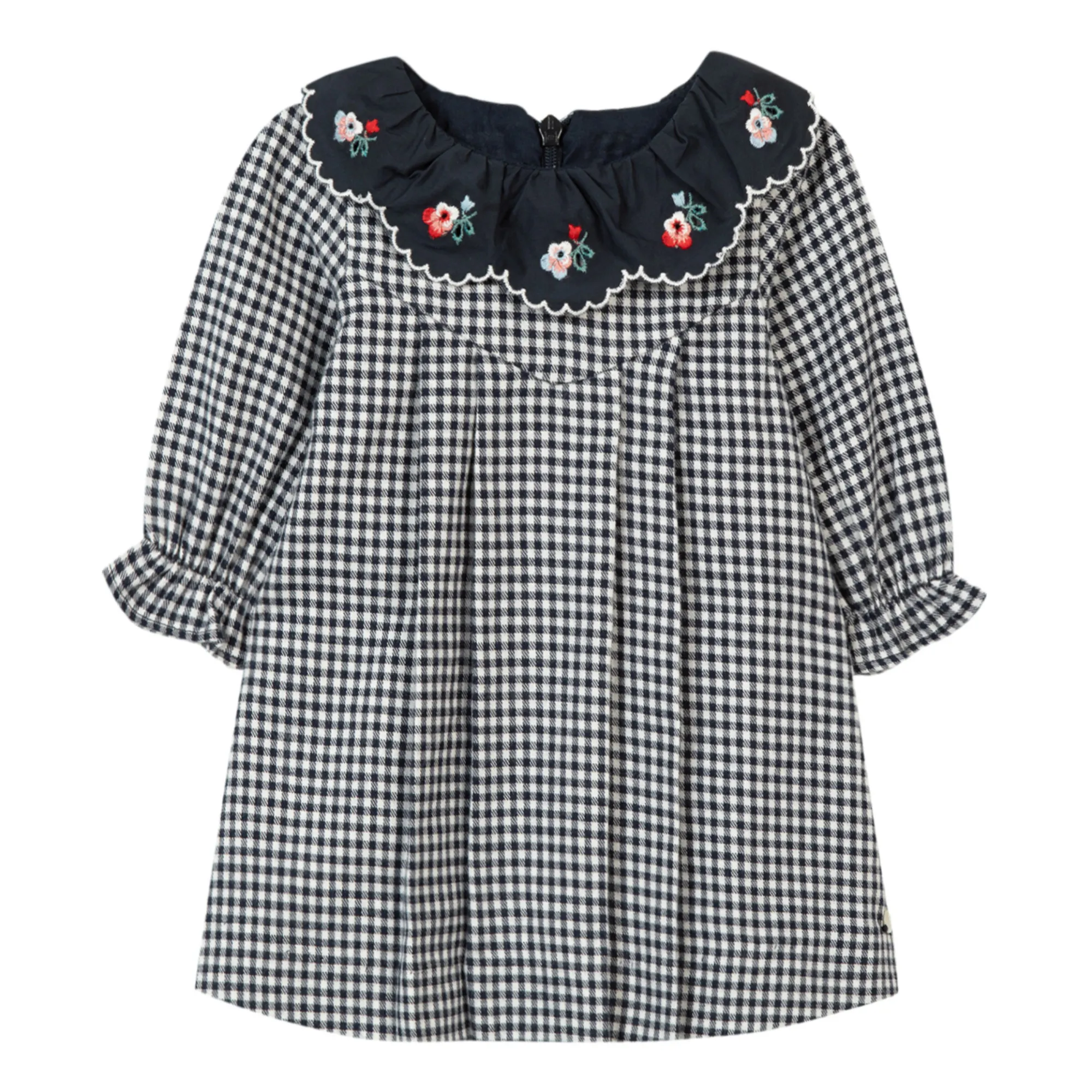 Tartine Et Chocolat Navy Blue Embroidered Collar Gingham Dress