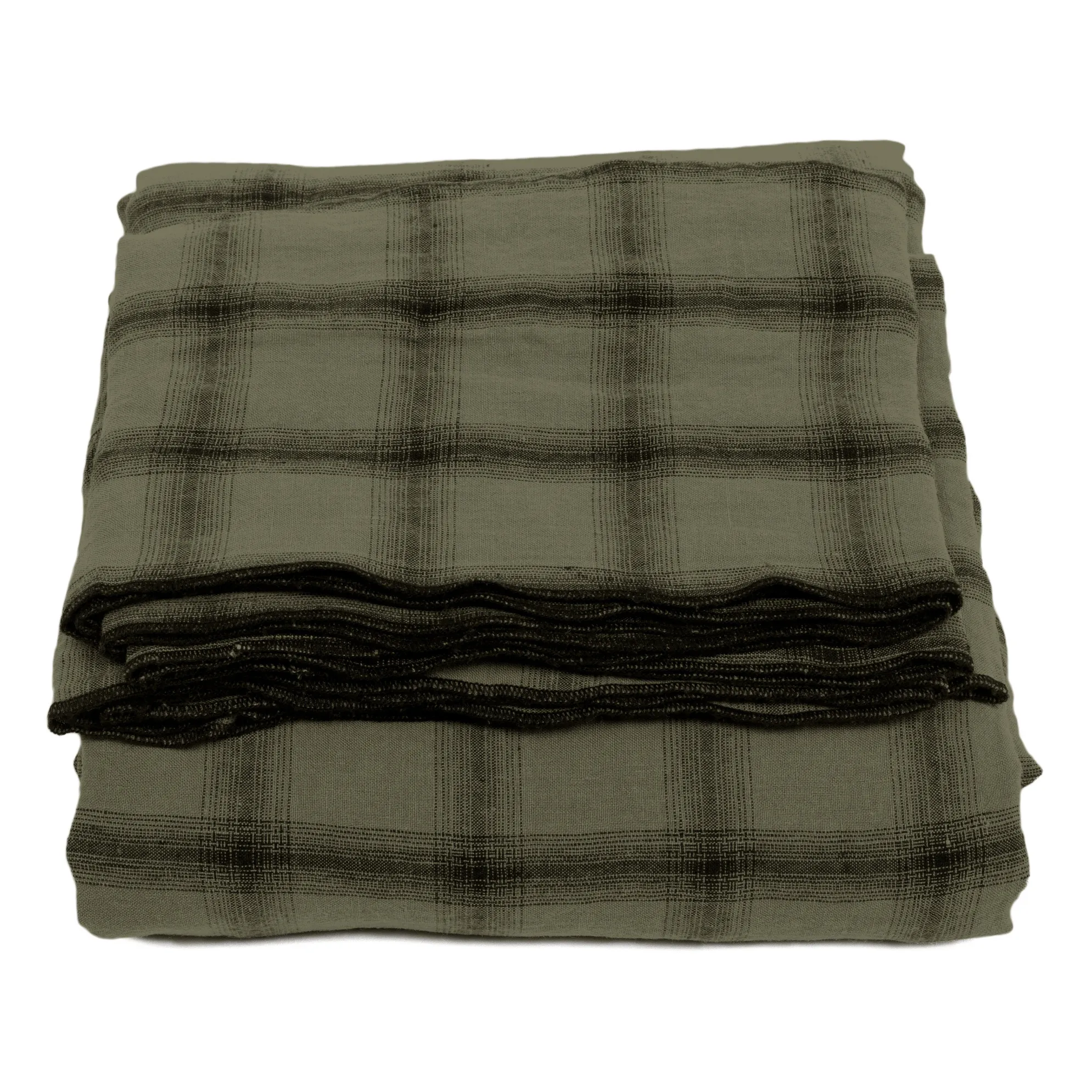Le Monde Sauvage Khaki Highlands Checked Washed Linen Tablecloth