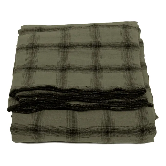 Mantel a cuadros de lino lavado Highlands | Verde Kaki