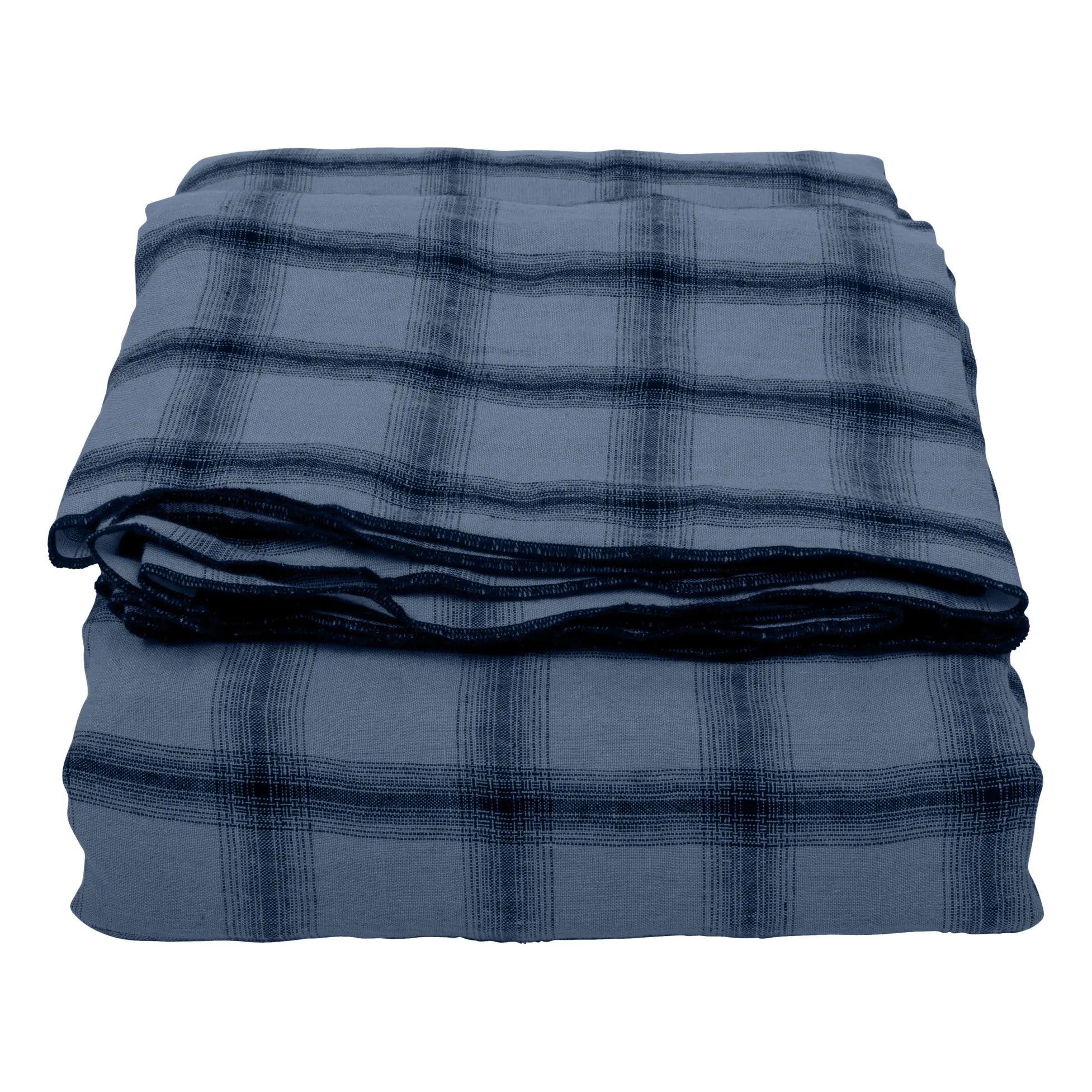 Le Monde Sauvage Midnight Blue Highlands Checked Washed Linen Tablecloth