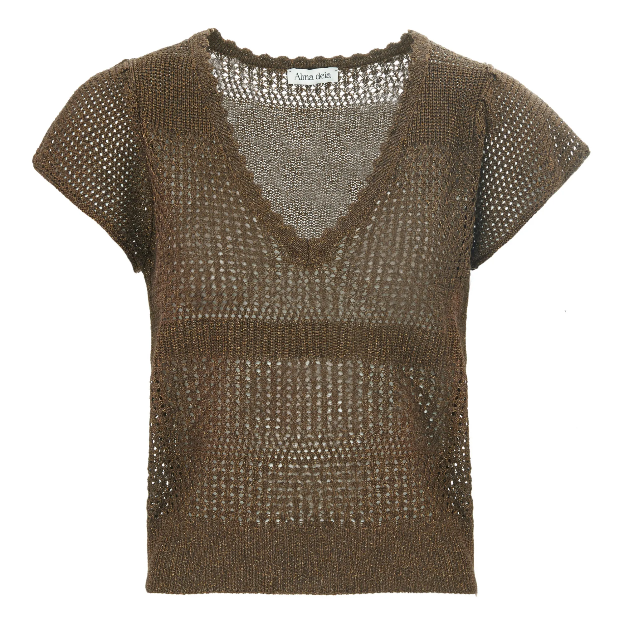 Alma Deia Chocolate Openwork Knit Top