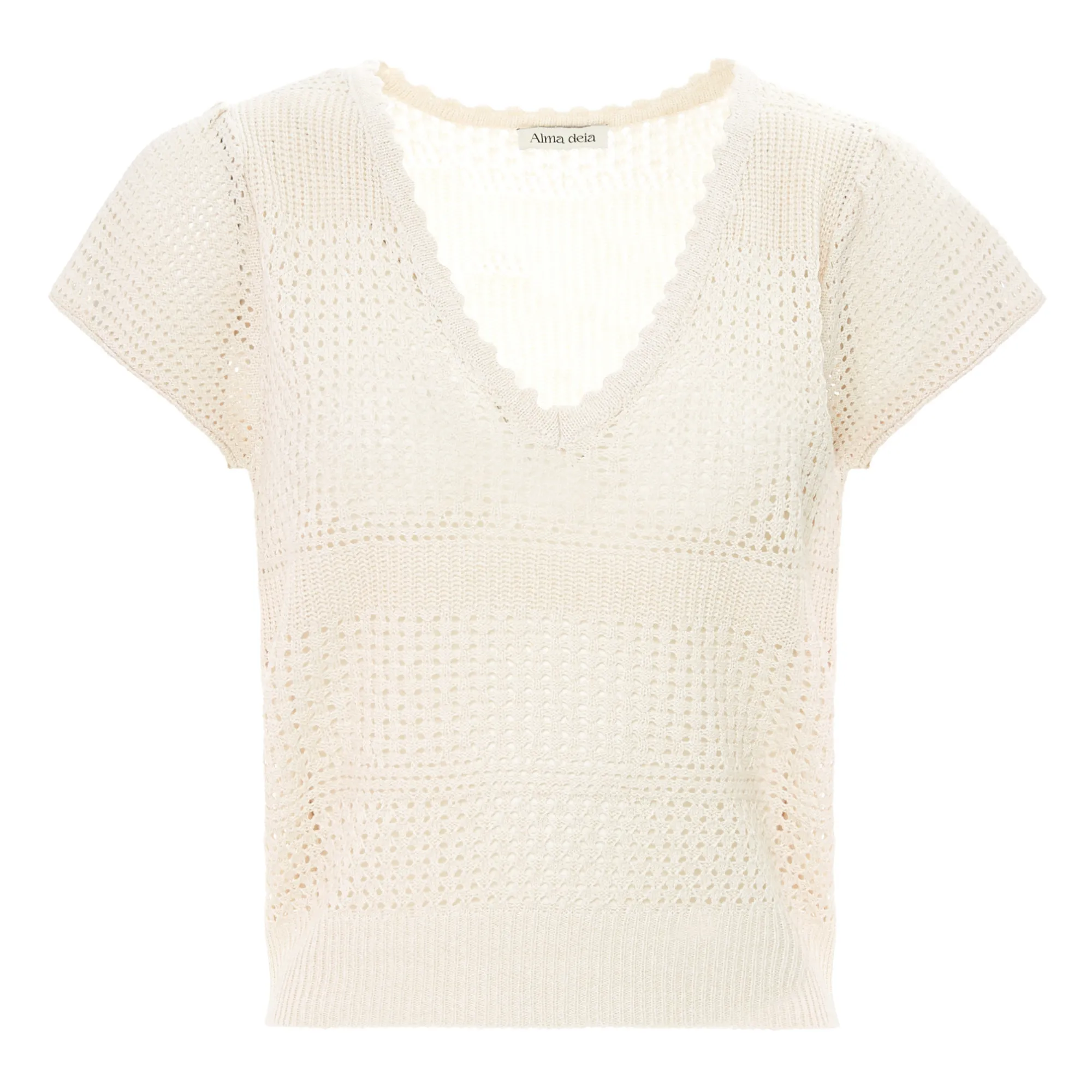 Alma Deia Off White Openwork Knit Top