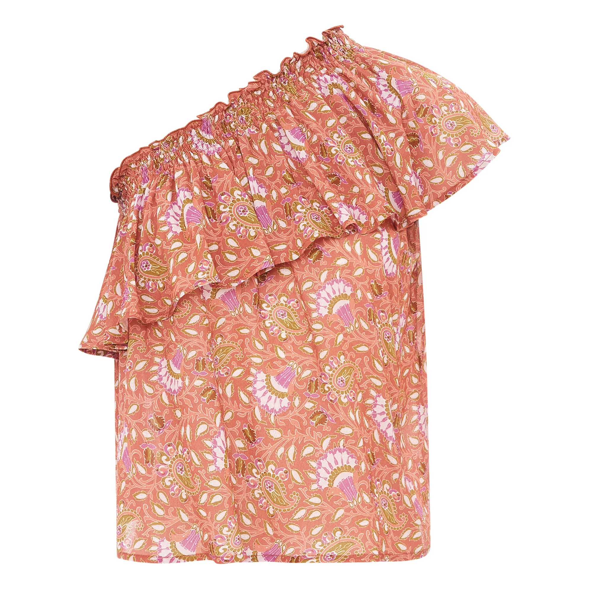 Alma Deia Terracotta Asymmetric Flounce Top