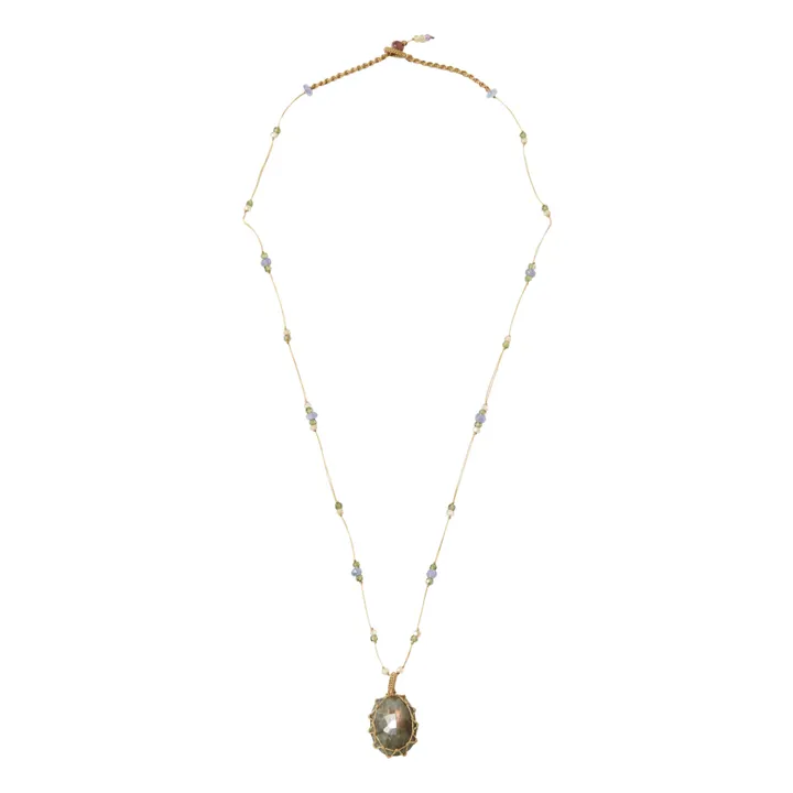 Tibetan Labradorite Green Fire Gemstone Short Necklace | Beige- Product image n°1