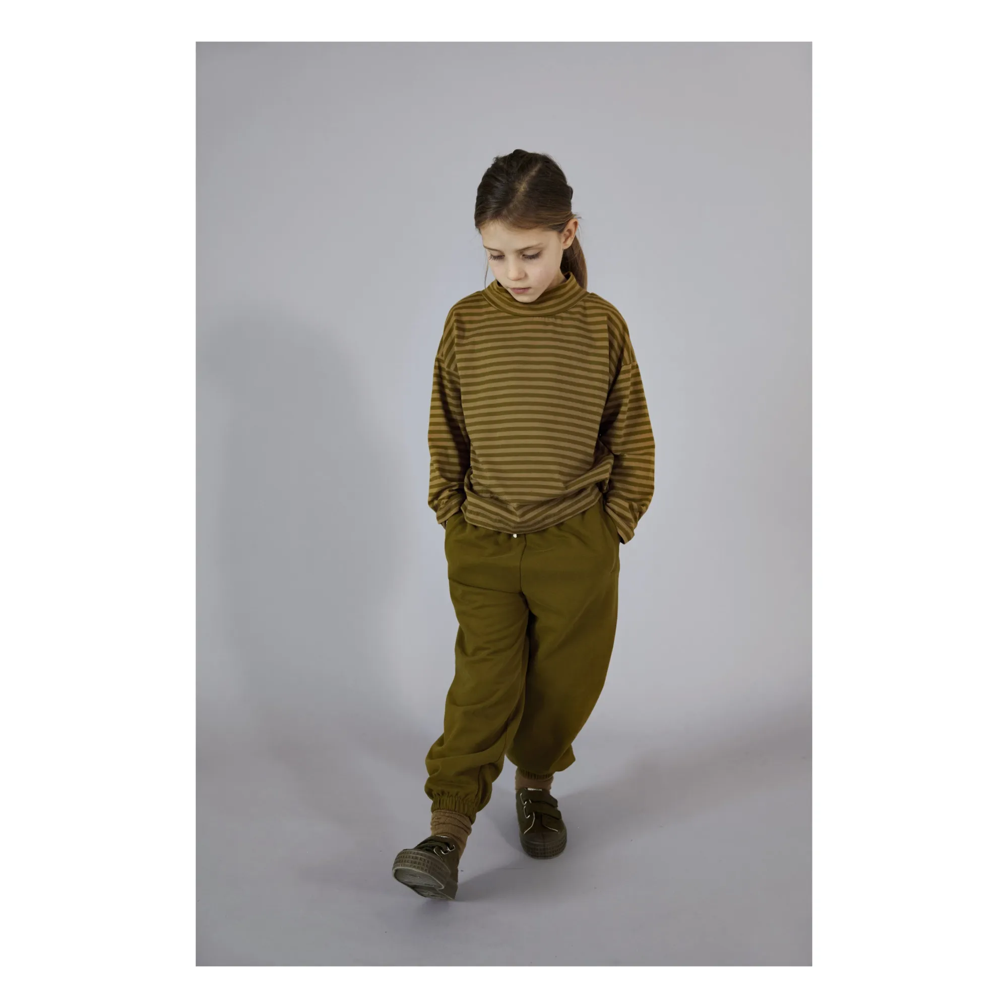Organic Cotton Striped Turtleneck T-shirt | Olive green- Product image n°2