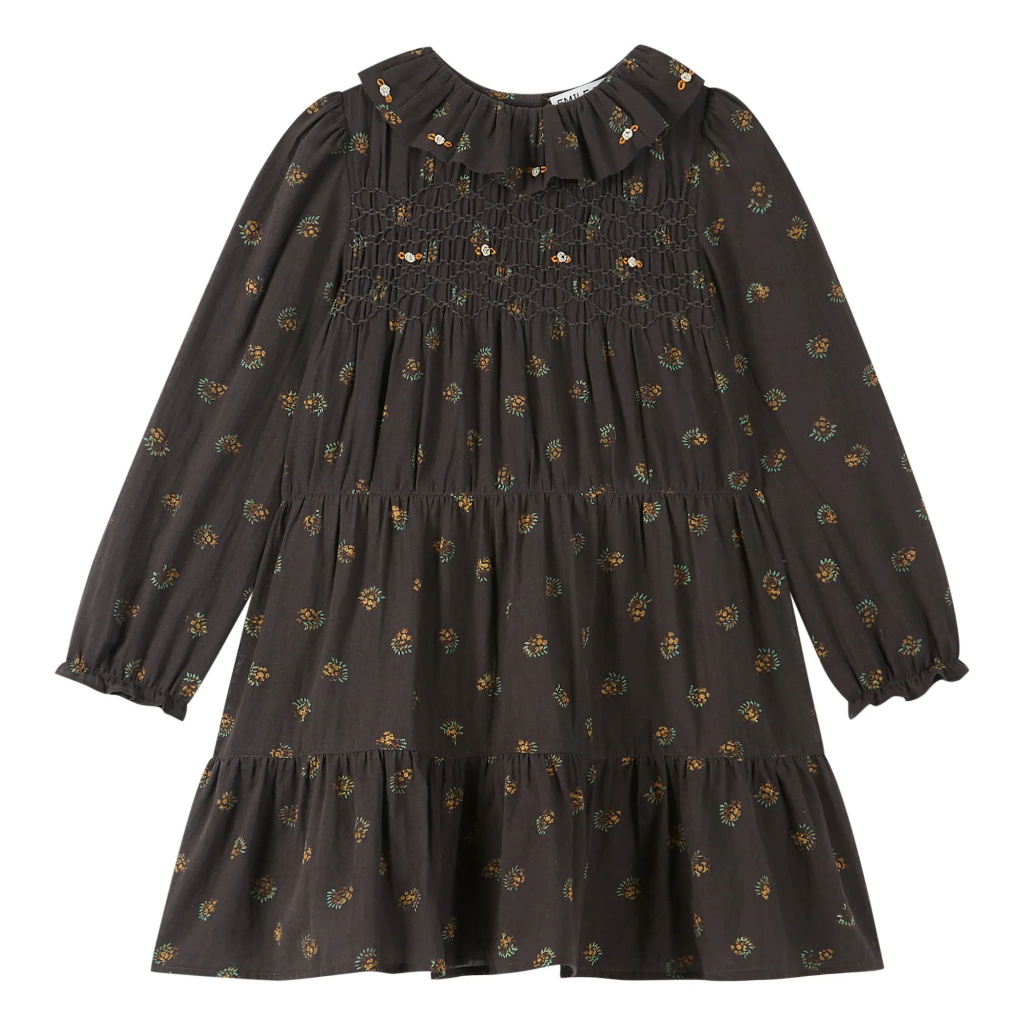 Emile Et Ida Charcoal Grey Smocked Floral Dress