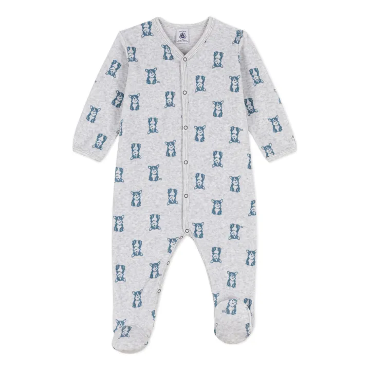 Pijama con pies de terciopelo orgánico Cáñamo | Azul Gris- Imagen del producto n°0