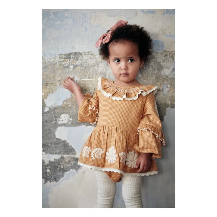 India Embroidered Organic Cotton Bodysuit Dress | Ochre- Product image n°7