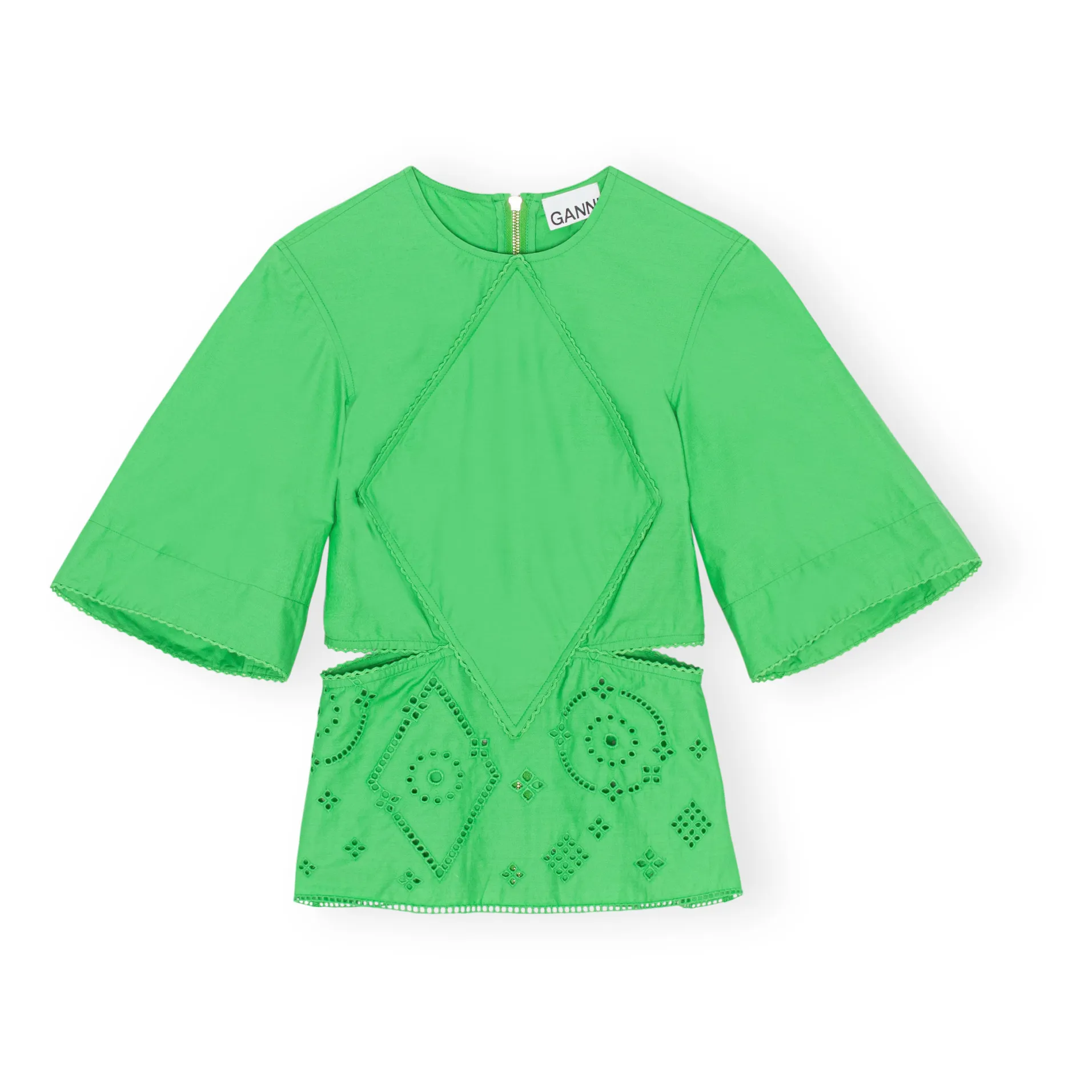 Ganni Green Organic Cotton Broderie Anglaise Blouse