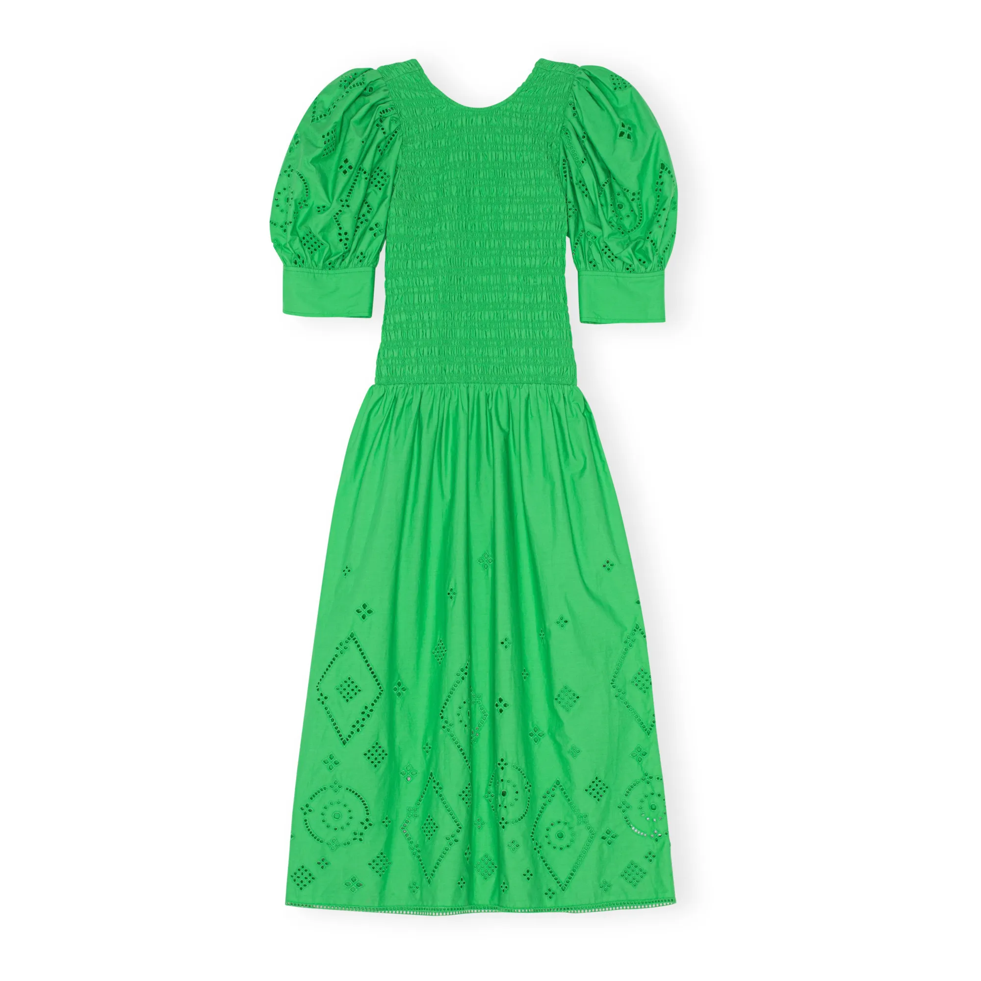 Ganni Green Organic Cotton Broderie Anglaise Smocked Dress