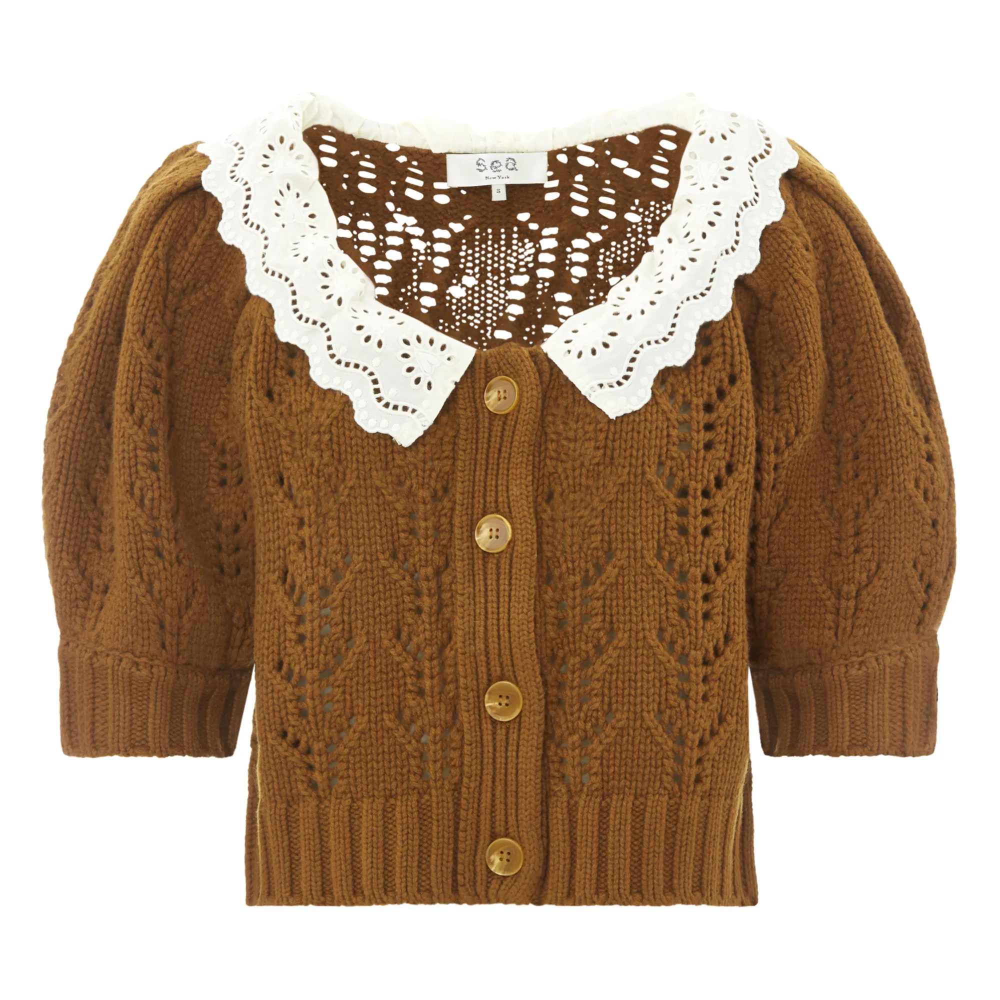 Sea Ny Brown Zia Pointelle Knit Cardigan