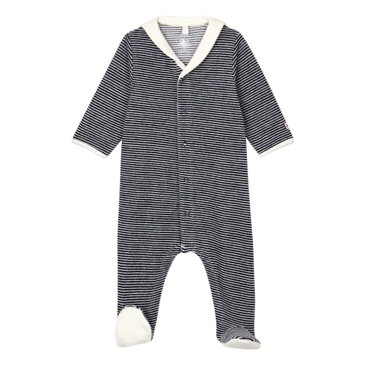 Pijama de terciopelo de algodón orgánico Cameleo con rayas | Azul- Imagen del producto n°0