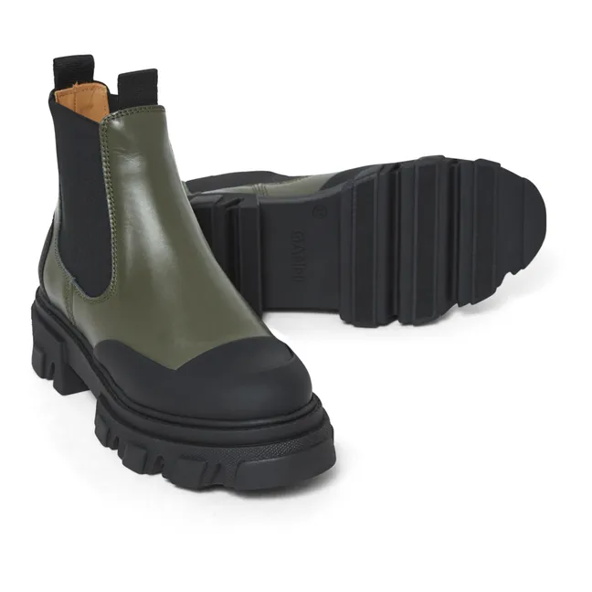 Stivali, modello: Chelsea Boots, bassi, in pelle | Verde militare