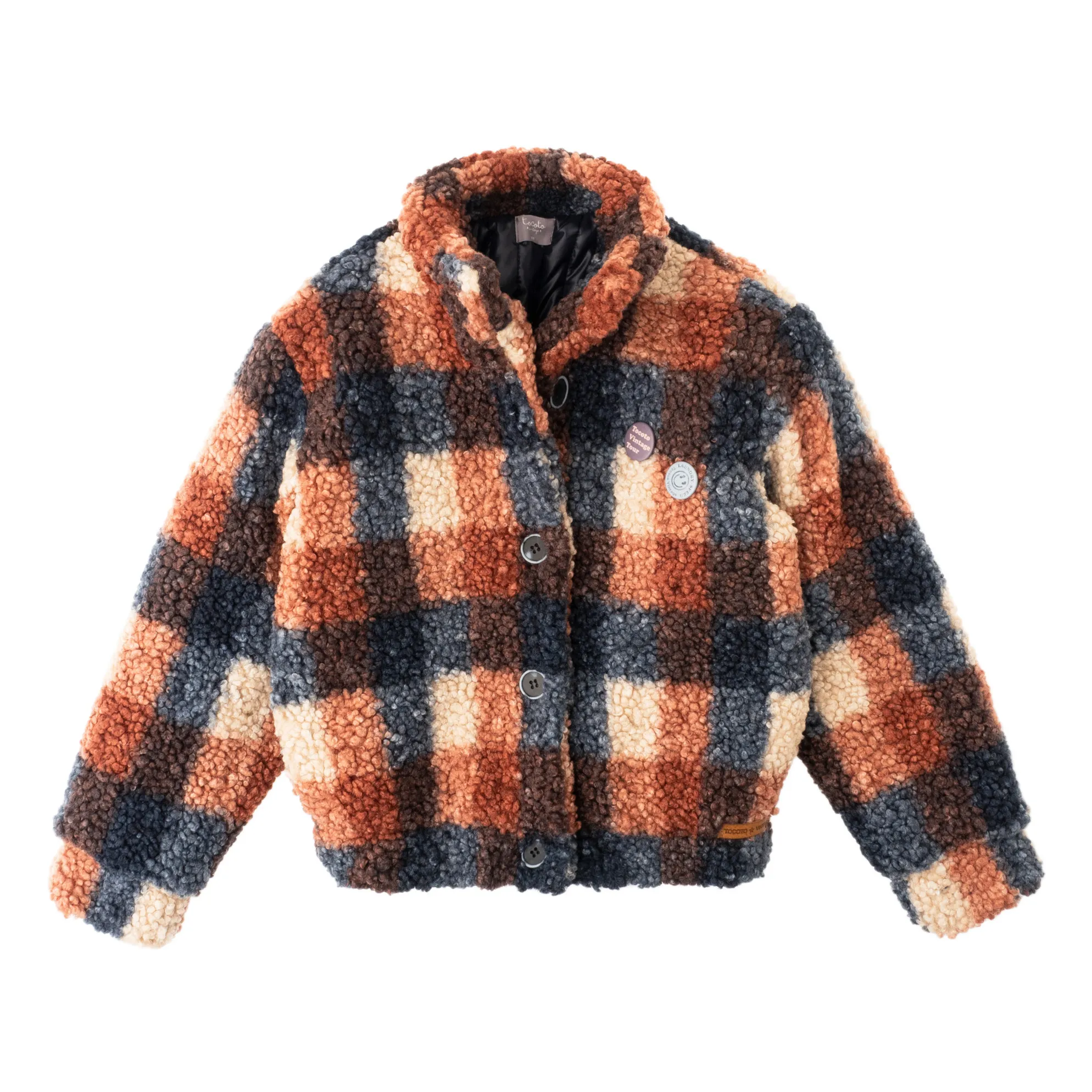 Tocoto Vintage Navy Blue Checked Faux Fur Jacket