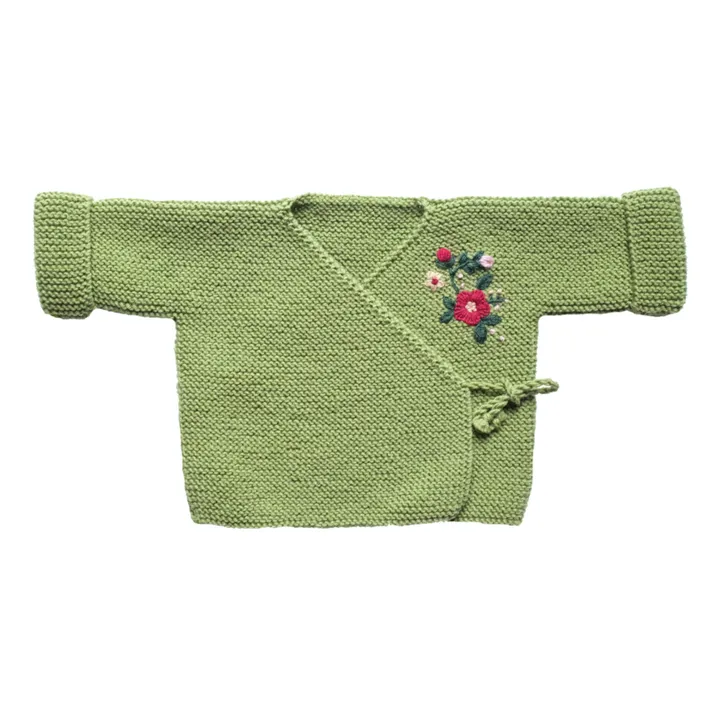 Cárdigan de merino bordado a mano Cache-Coeur | Verde- Imagen del producto n°0