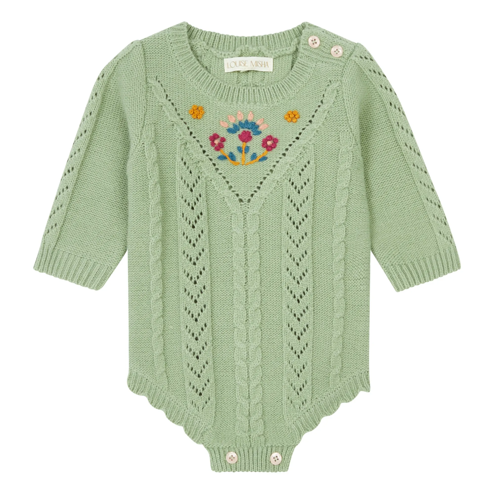 Louise Misha Sage X Smallable Exclusive - Myosette Hand Embroidered Knit Romper