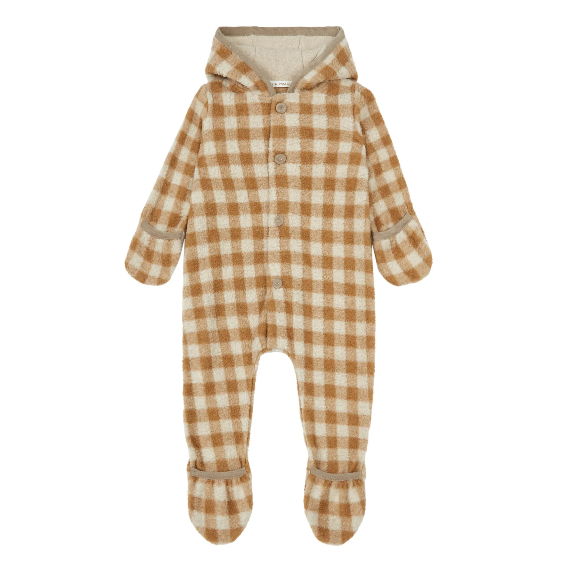 Zhoe & Tobiah Beige Polar Fleece Lined Checkered Knit Hooded Jumpsuit