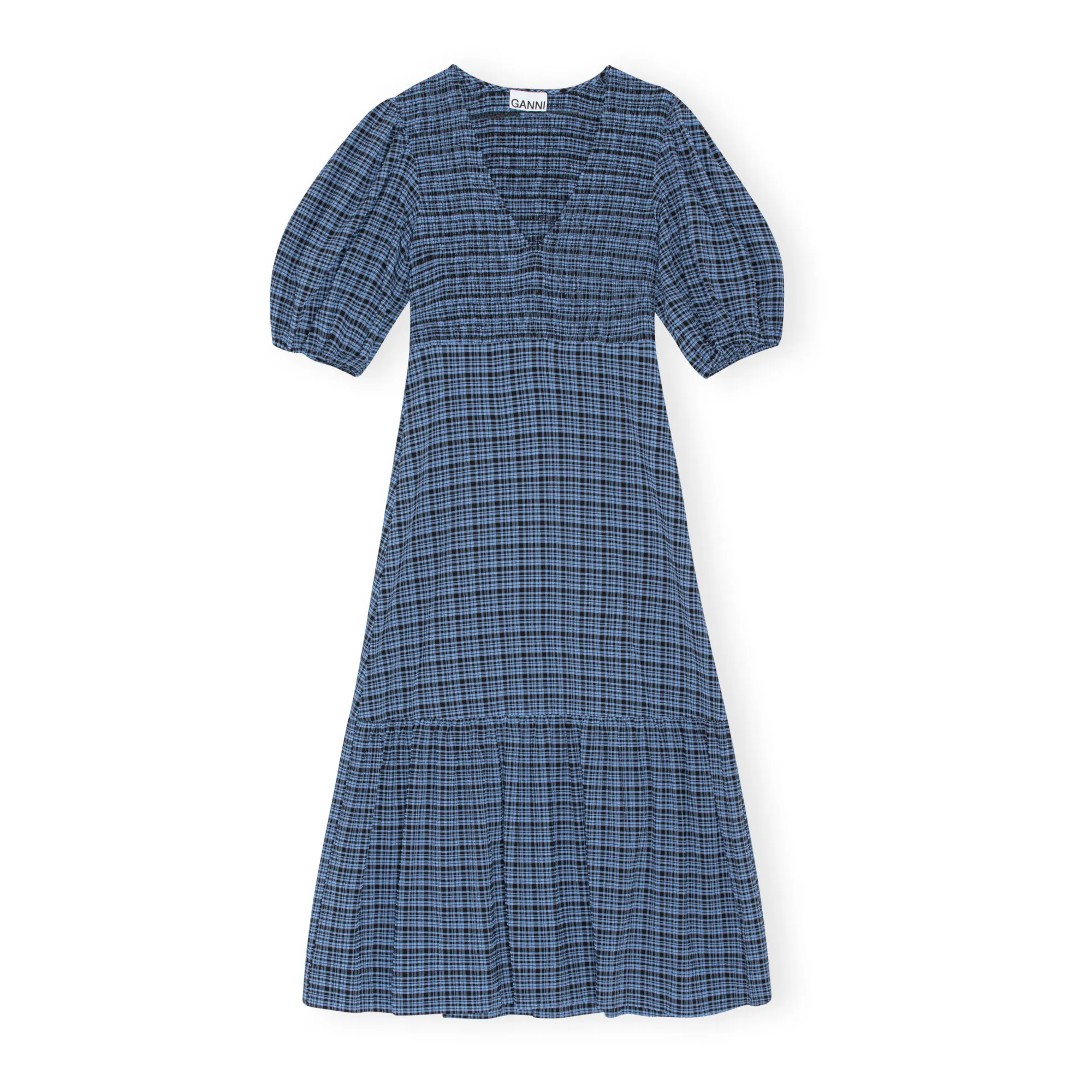 Ganni Blue Seersucker Cotton Crepe Checked Dress