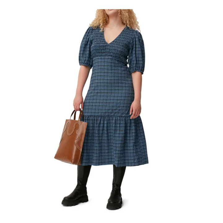 Vestido de cuadros de crepé de algodón seersucker | Azul- Imagen del producto n°1