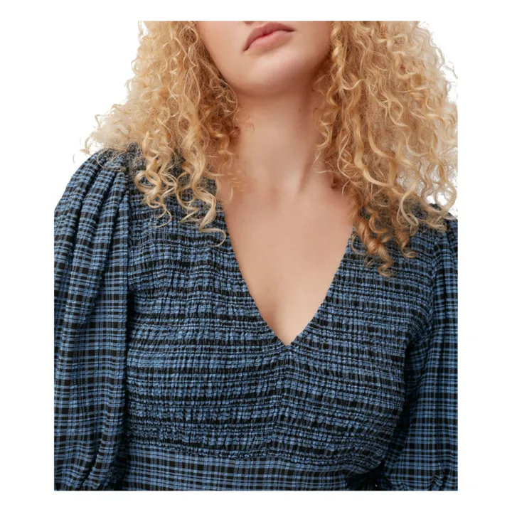 Vestido de cuadros de crepé de algodón seersucker | Azul- Imagen del producto n°3