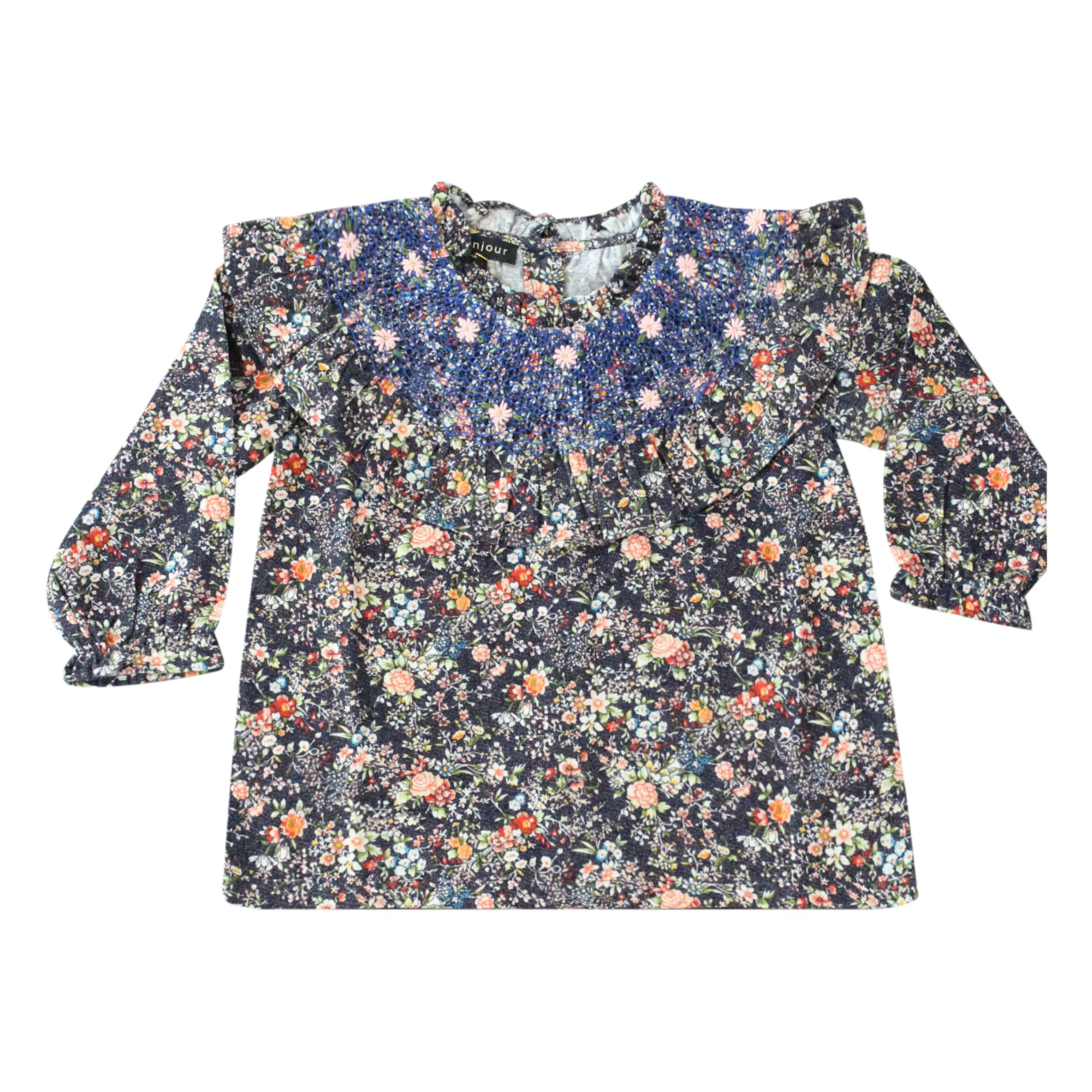 Bonjour Navy Blue Hand Smocked Floral Print Corduroy Blouse